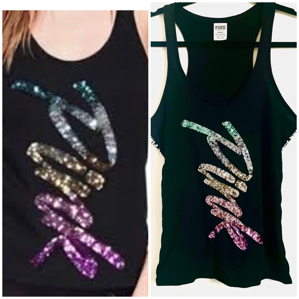 VS PINK Cursive Bling Logo Tank Top Black Jewel Ombre Sequin Script Y2K M EUC